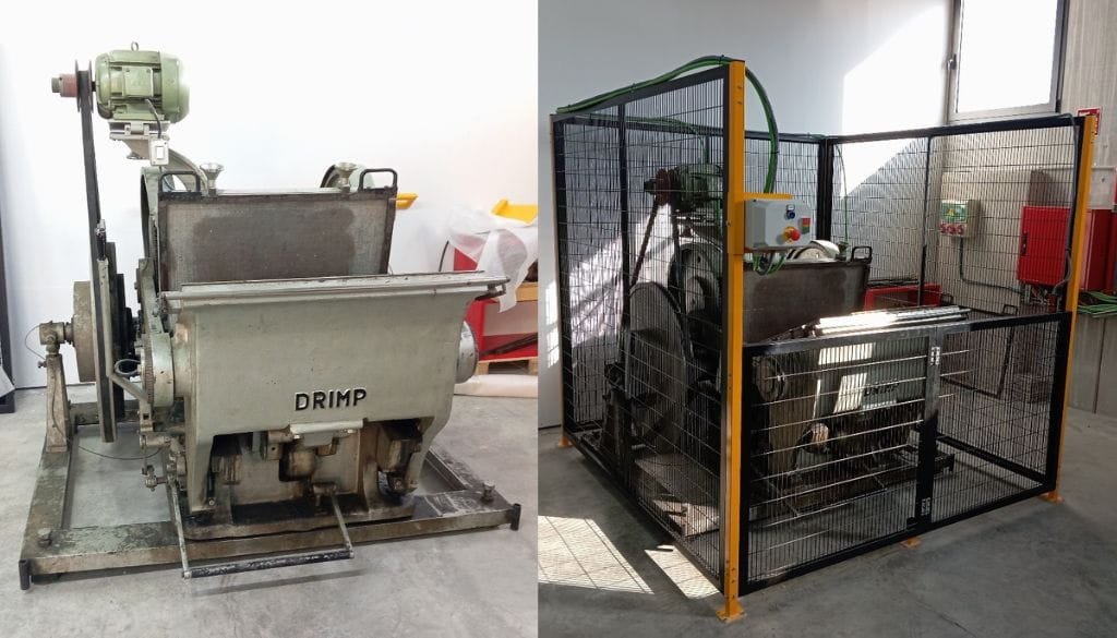 Antes y después de la adecuación de troqueladora industrial con vallado perimetral según RD 1215/1997