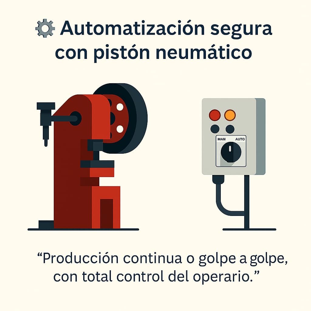 Prensa automatizada con pistón y selector de control.