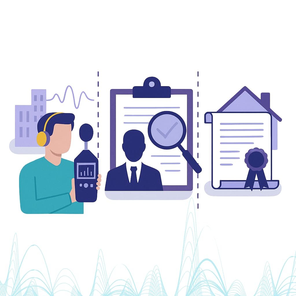 Ilustración conceptual que representa la medición acústica, la auditoría y la certificación mediante iconos: un técnico con un sonómetro, una auditoría con lupa sobre documento y un certificado con sello.