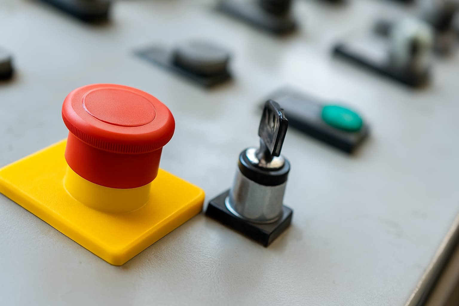 Botón de parada de emergencia rojo con fondo amarillo en un panel de control industrial, junto a un interruptor con llave y otros botones de mando.