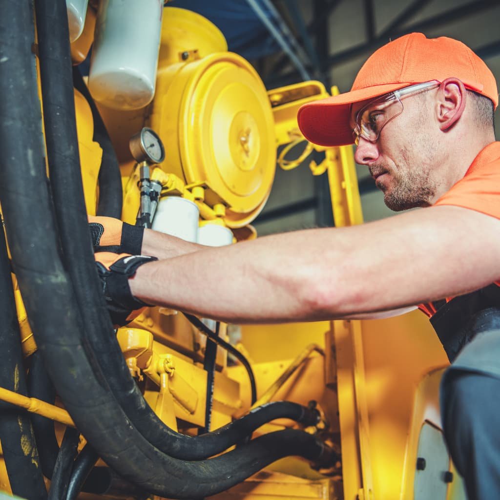 Técnico especializado realizando inspección de seguridad en máquina hidráulica.